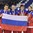 POPRAD, SLOVAKIA - APRIL 23: Russia's Pavel Koltygin #27, Alexei Lipanov #10, Yevgeni Kalabushkin #15, and Yaroslav Alexeyev #12 pose with the Russian flag after a 3-0 win over Sweden in the bronze medal game at the 2017 IIHF Ice Hockey U18 World Championship. (Photo by Andrea Cardin/HHOF-IIHF Images)